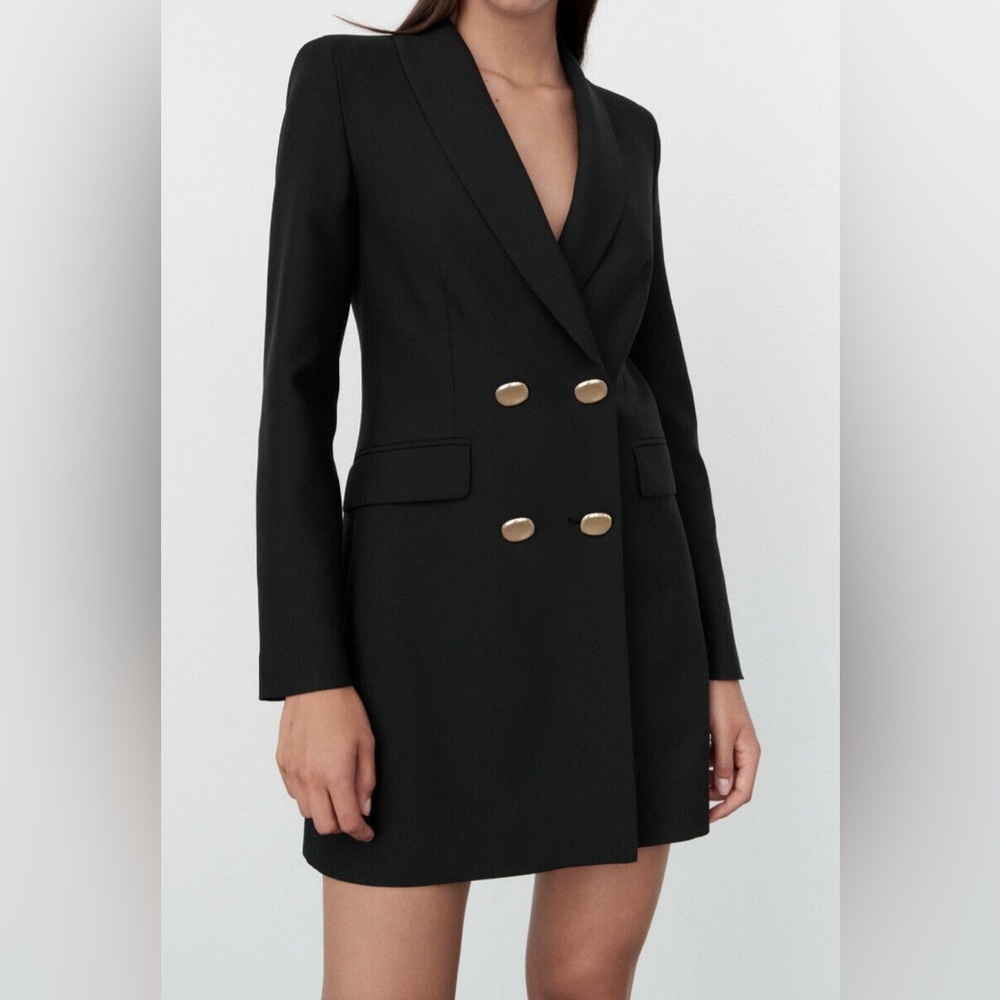 Zara Double-Breasted Black Blazer Dress with Gold Buttons Sz XS
